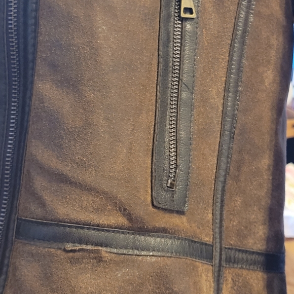 Tan and Brown Leather Hooded Bomber With Real Fur Lined Hood, L - Picture 3 of 10